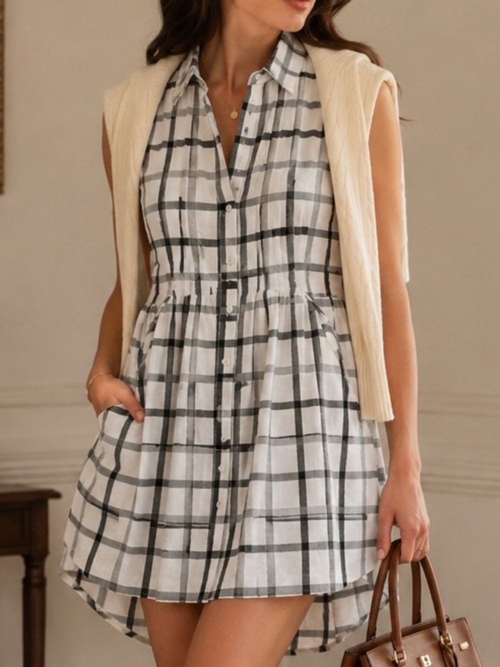 Alythea Mini Dress Womens Size Small Black White Plaid Preppy Academia